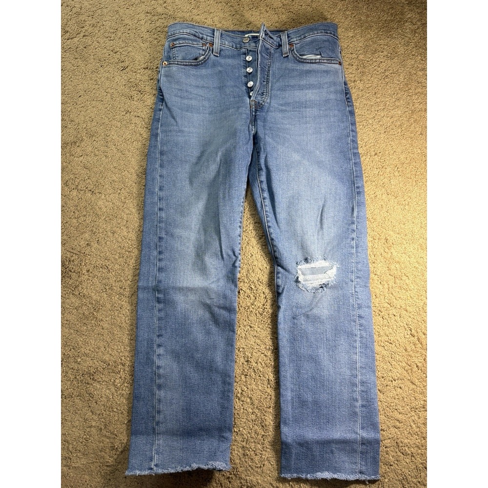 Levi's High Rise Straight Leg Jeans in Light Blue with Distressed Knee